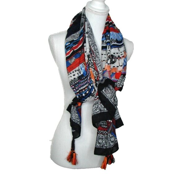Shawl Scarf Wrap Bright Multicolor Tassel Geometric X-Large 50x50" Lightweight - Picture 1 of 12